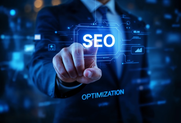 Businessman touching virtual SEO optimization interface.