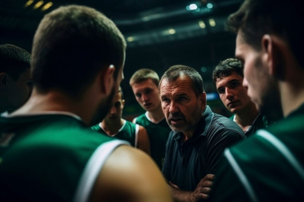 A football coach in a dark shirt speaks to his team during a huddle on the ground.