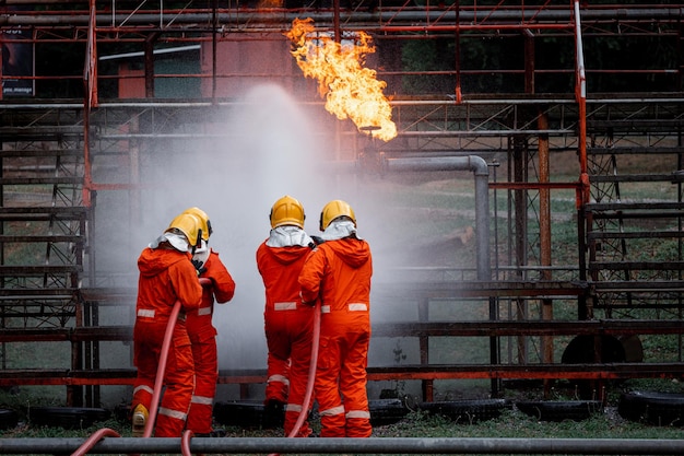 Firefighters in protective suits and helmets spray water to control a blaze during a fire safety training exercise.