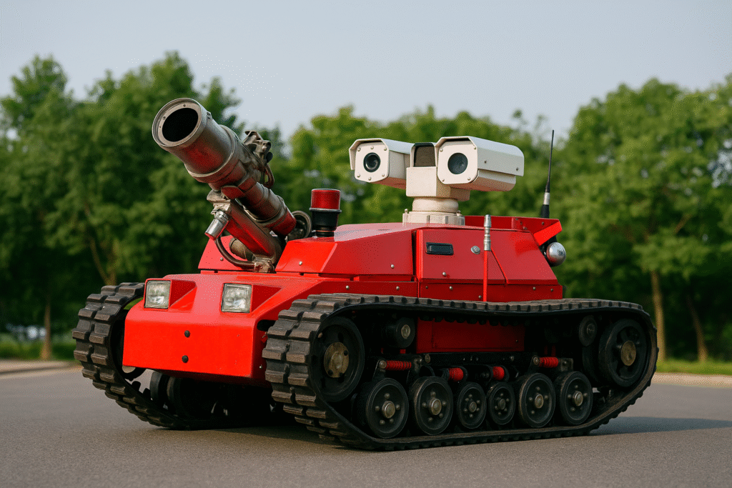 Red robotic firefighting vehicle with tank-like tracks and dual cameras, designed for remote fire suppression outdoors.