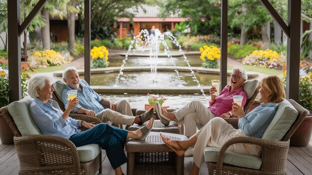 Group of senior friends relaxing outdoors, sitting on patio chairs with drinks, laughing near a garden fountain.