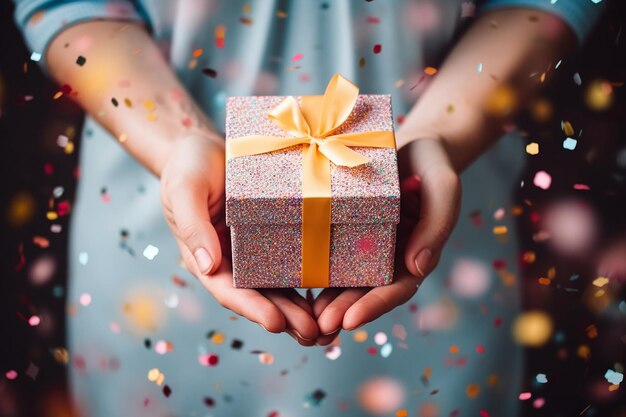 Woman's hands holding a beautifully decorated gift box with love and care.