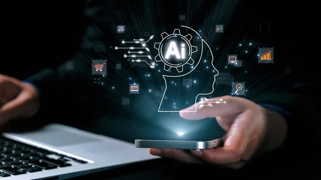 Futuristic artificial intelligence concept with a mobile screen projecting neural tech graphics.