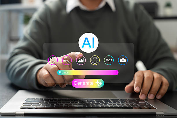 Person using a laptop with floating AI interface icons and a glowing “Generate” button on screen.
