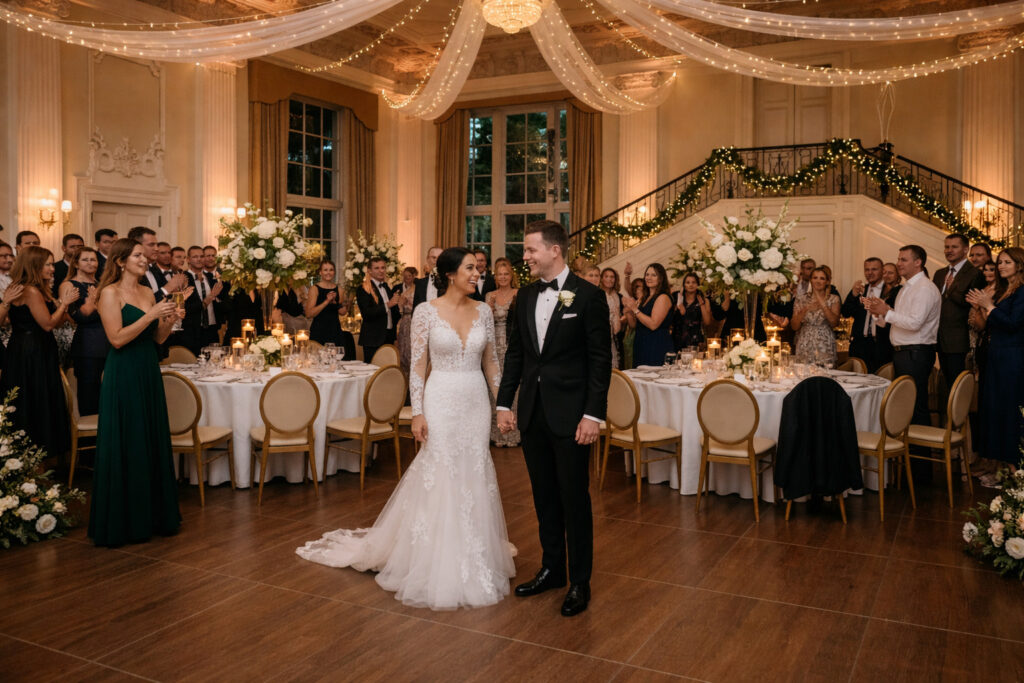 Bride and groom smiling together in a beautifully decorated ballroom as guests applaud during a romantic wedding reception.