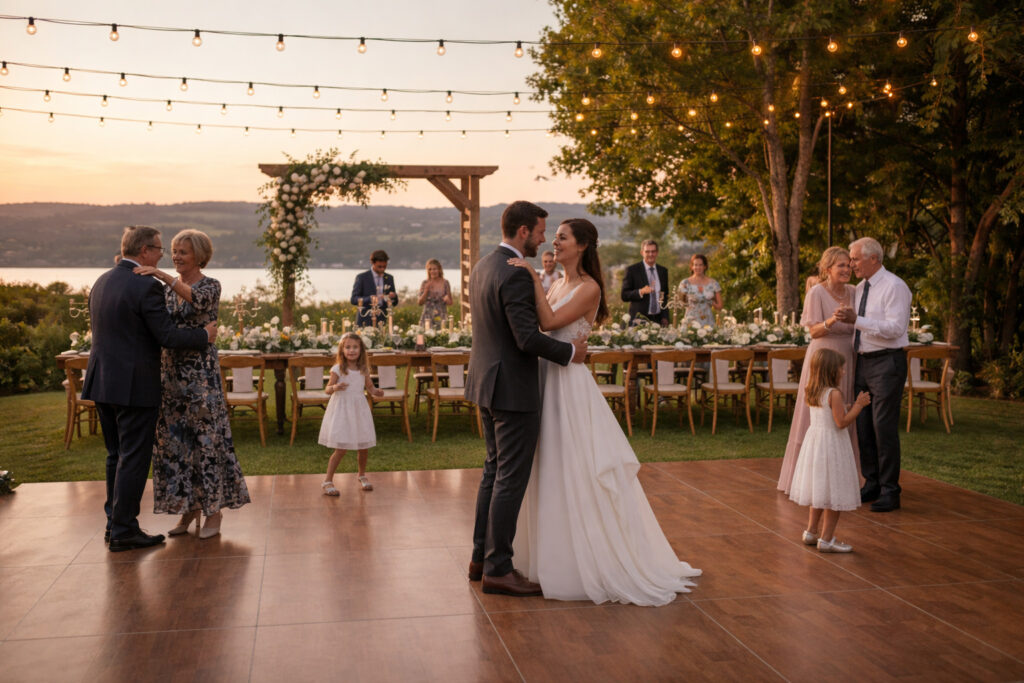 Romantic outdoor wedding reception by a lake at sunset with couples dancing under glowing string lights and floral décor.